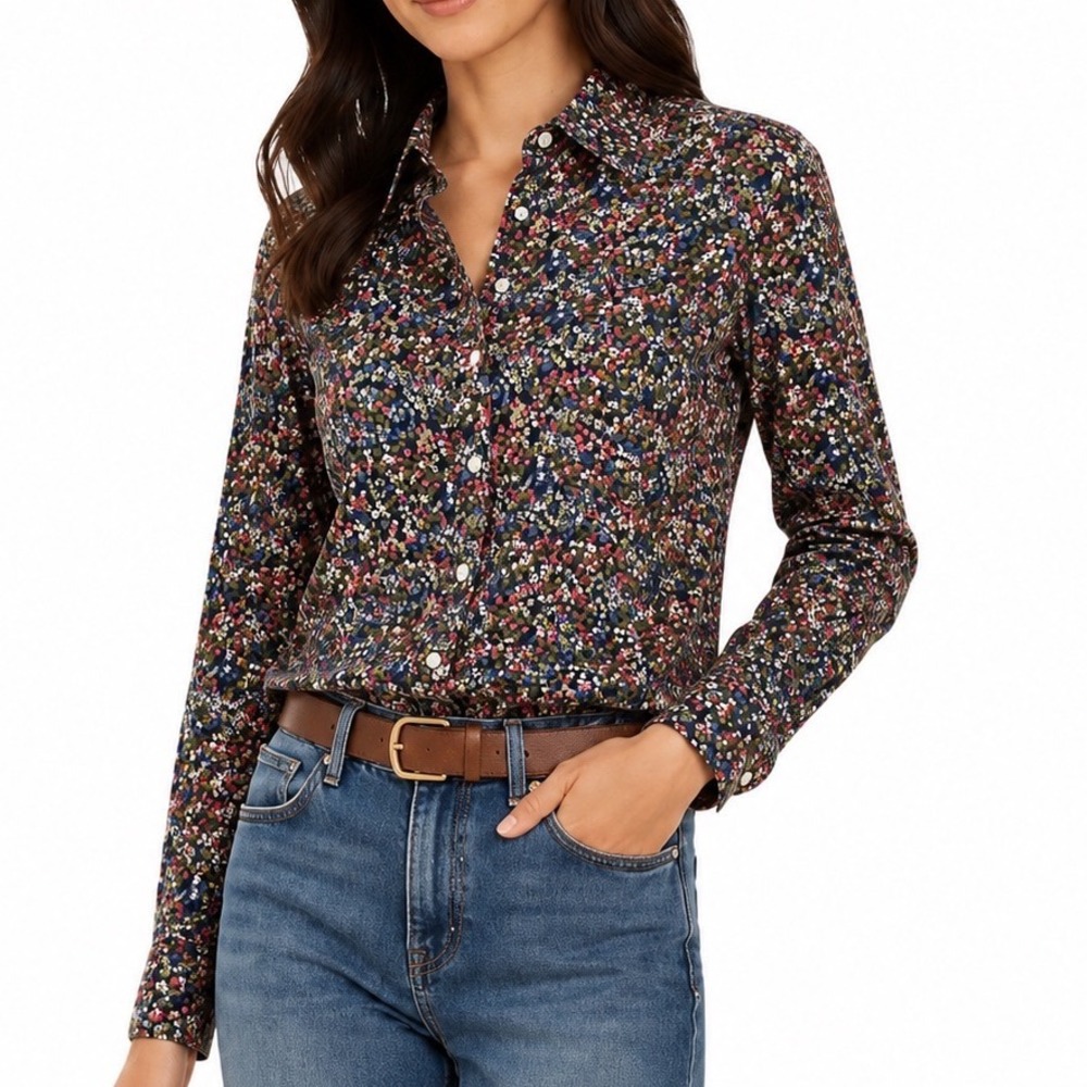 J.Crew Flex Washed Shirt Women M Navy Ditsy Floral Slim Fit Cotton Western